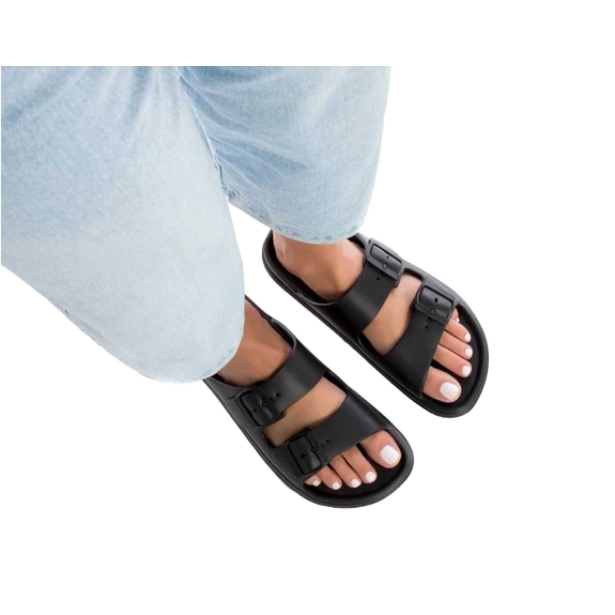 Sandalias Negras Con Plataforma Plana, Diseu00f1o Acolchado Y